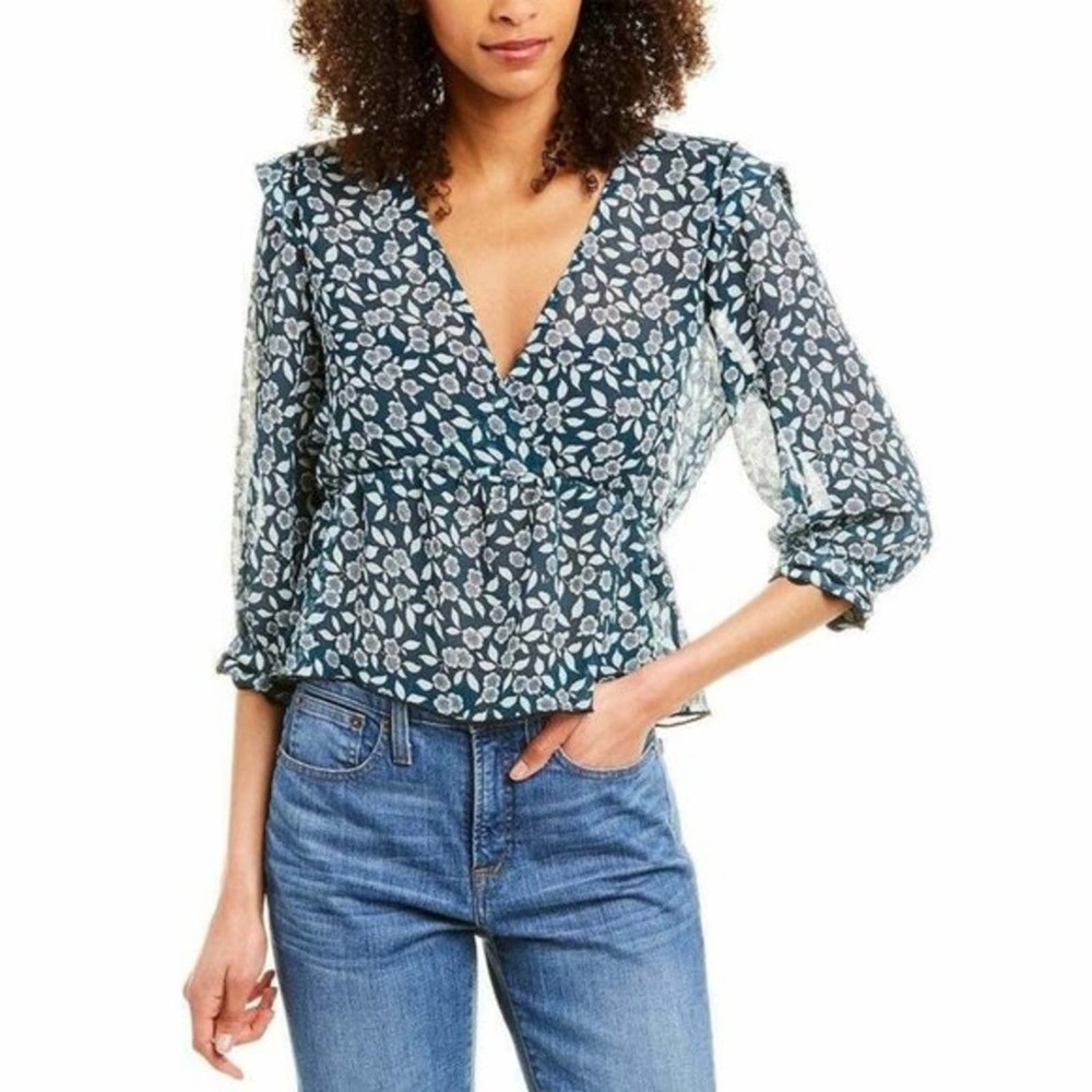 BA&SH Bordeaux Blanche Blue Floral Semi Sheer Blouse Size Medium